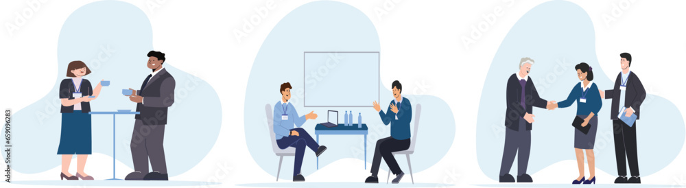 Business people at the office set. Characters working at home office and coworking space. People talking with colleagues, planning corporate strategy. Business people at the office set. Characters working at home office and coworking space. People talking with colleagues, planning corporate strategy.