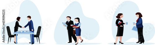 Business people at the office set. Characters working at home office and coworking space. People talking with colleagues, planning corporate strategy.