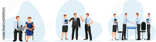 Business people at the office set. Characters working at home office and coworking space. People talking with colleagues, planning corporate strategy.