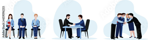 Business people at the office set. Characters working at home office and coworking space. People talking with colleagues, planning corporate strategy.