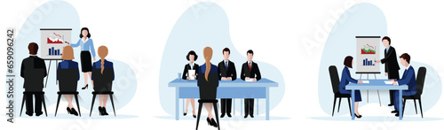 Business people at the office set. Characters working at home office and coworking space. People talking with colleagues, planning corporate strategy.