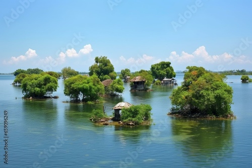 A scenic view of enchanting floating islands on a lovely day. Generative AI