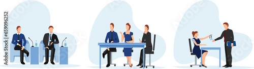 Business people at the office set. Characters working at home office and coworking space. People talking with colleagues, planning corporate strategy.