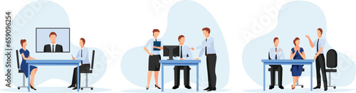 Business people at the office set. Characters working at home office and coworking space. People talking with colleagues, planning corporate strategy.