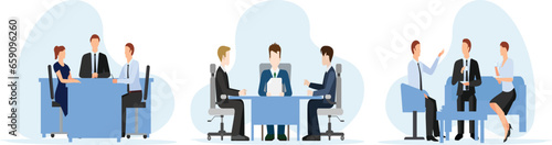 Business people at the office set. Characters working at home office and coworking space. People talking with colleagues, planning corporate strategy.