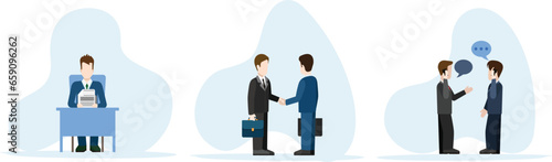 Business people at the office set. Characters working at home office and coworking space. People talking with colleagues, planning corporate strategy.