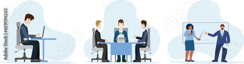 Business people at the office set. Characters working at home office and coworking space. People talking with colleagues, planning corporate strategy.
