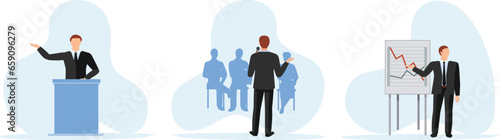 Business people at the office set. Characters working at home office and coworking space. People talking with colleagues, planning corporate strategy.
