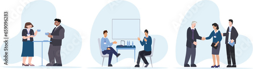 Business people at the office set. Characters working at home office and coworking space. People talking with colleagues, planning corporate strategy.