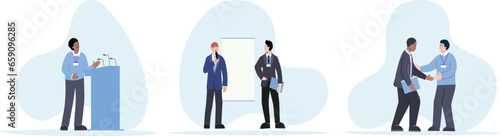 Business people at the office set. Characters working at home office and coworking space. People talking with colleagues, planning corporate strategy.
