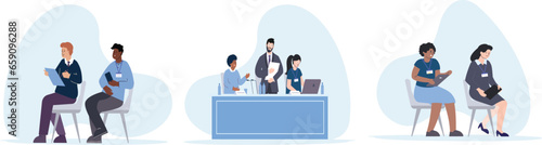 Business people at the office set. Characters working at home office and coworking space. People talking with colleagues, planning corporate strategy.