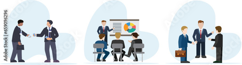 Business people at the office set. Characters working at home office and coworking space. People talking with colleagues, planning corporate strategy.