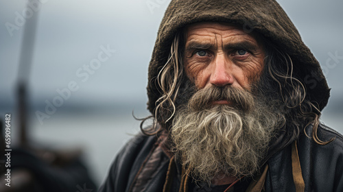 portrait of old fisherman long beard and hoodie photo