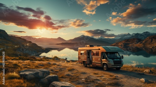 Family vacation travel RV, holiday trip in motorhome, Caravan car Vacation. Scenic RV Camping Spot During Sunset. Travel Industry Theme. © tirlik