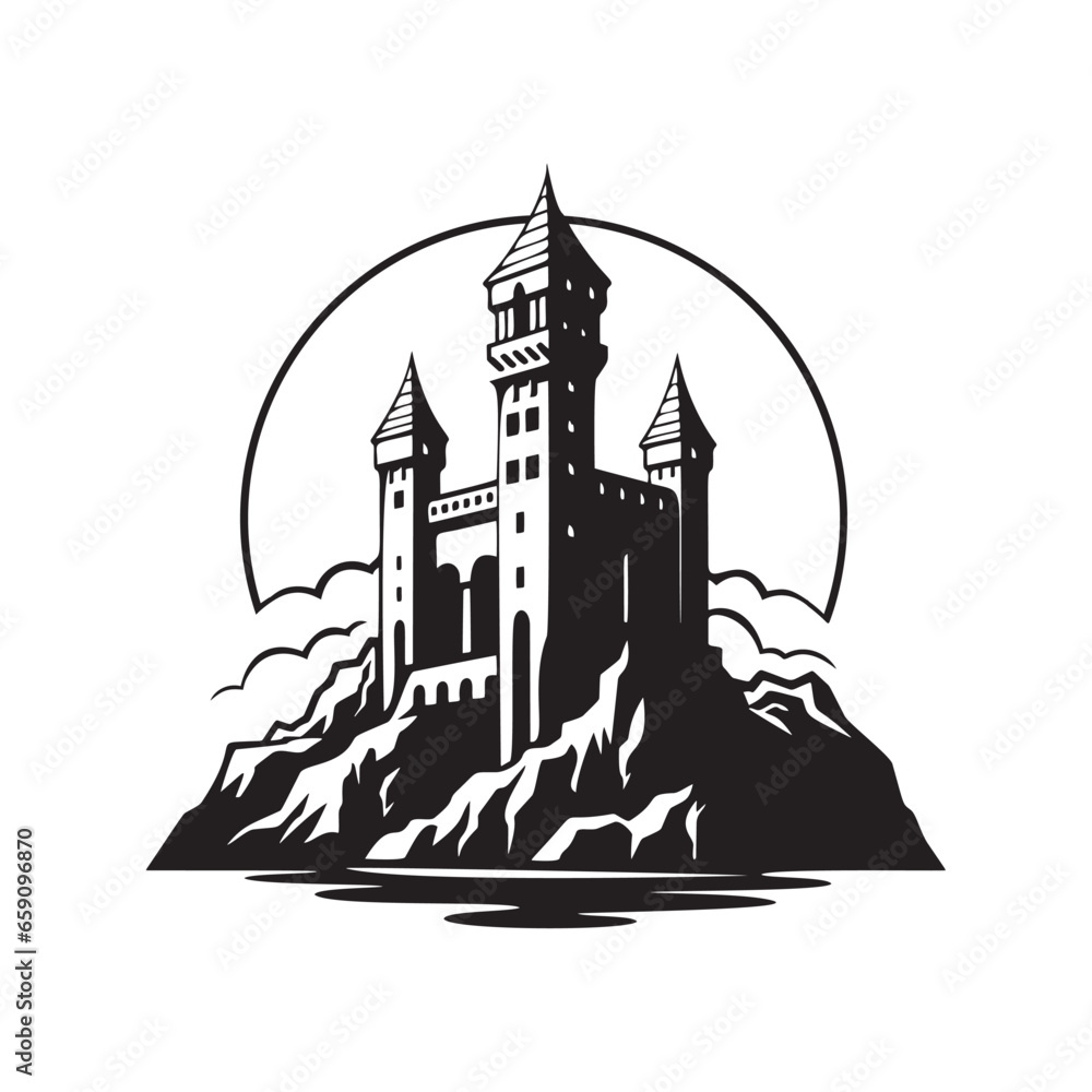 Fairytale castle. Black silhouette.Vector illustration isolated on white background.