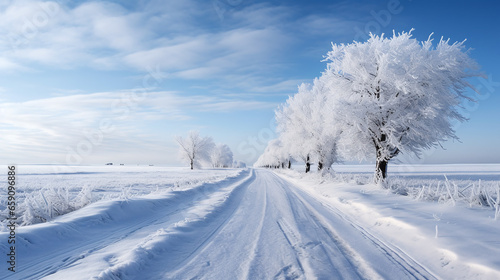 Frost and snow covered trees on a long country road and a blue sky