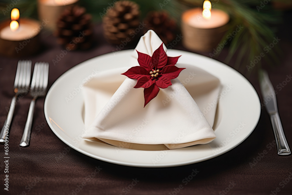 Top view to empty plate with folded napkin decorated to Christmas eve on wooden table. Christmas, New Year background
