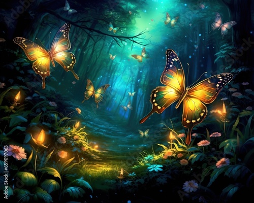 Butterflies glow in a forest in blue and green colors.