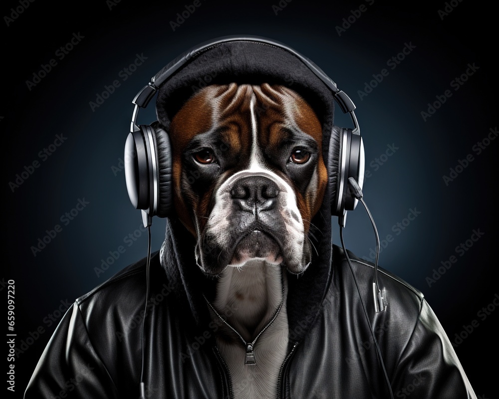 Boxer dog in black jacket listens to music. - obrazy, fototapety, plakaty 