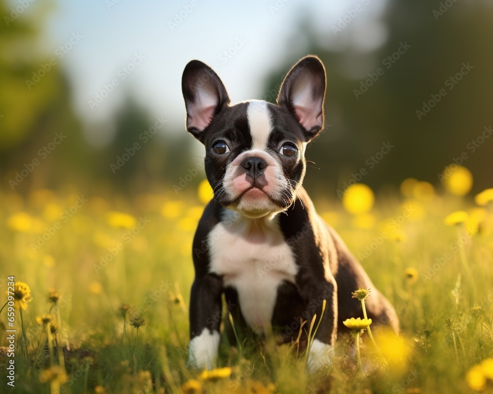 cute Boston Terrier puppy is on a sunny summer day.