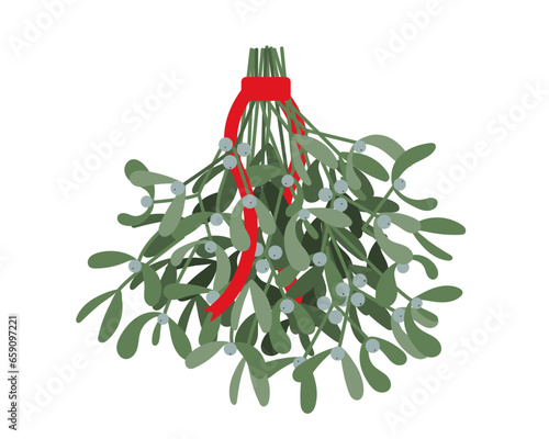 Vector illustration of hanging mistletoe  with red bow isolated on white background for Christmas cards design