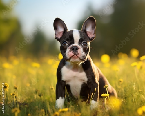 cute Boston Terrier puppy is on a sunny summer day.