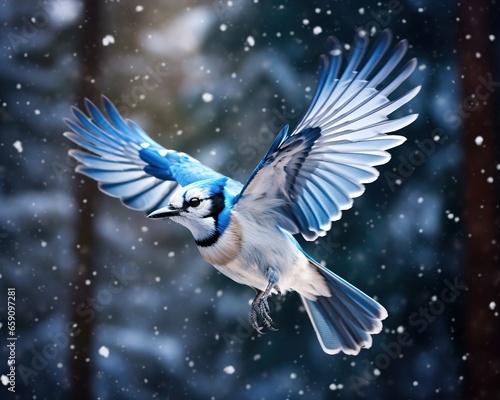In a beautiful winter landscape there is a blue jay bird in flight. © Nipon