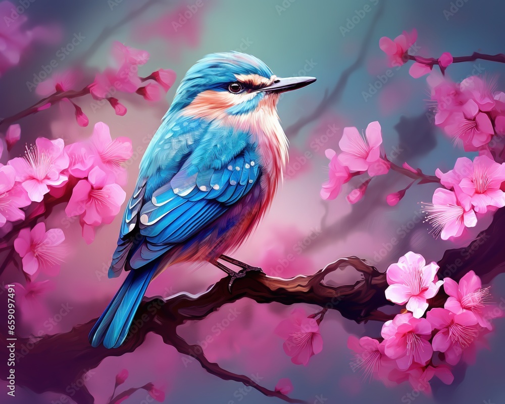 small bird sits on a branch with pink flowers.