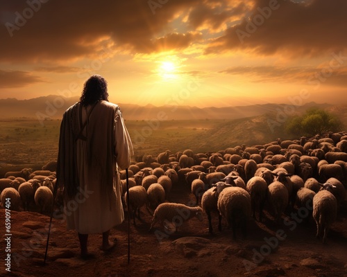 Jesus Shepherd with his flock of sheep.