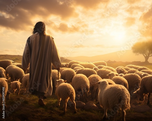 Jesus Shepherd with his flock of sheep. photo