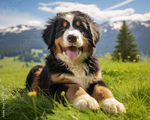 cute Bernese Mountn dog is sitting on a meadow in the summer.