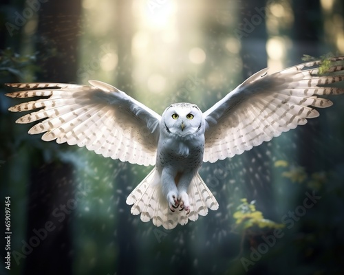 beautiful white owl with spread wings.