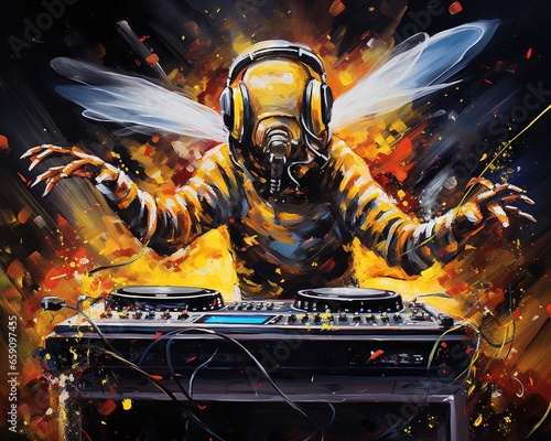 The bee DJ in action is dressed as a DJ with headphones and a mixer. © Nipon