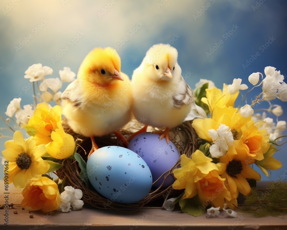 Banner Blue yellow white eggs and yellow chicks.