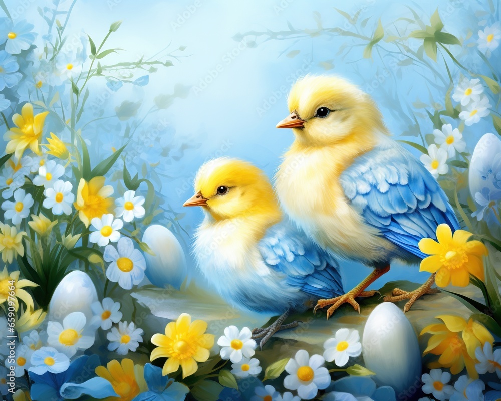 Banner Blue yellow white eggs and yellow chicks.