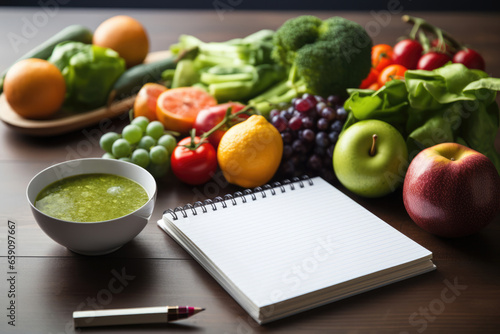 Healthy foods, fruits and vegetables with a blank white notepad for writing. Healthy food choices for the heart, healthy lifestyle concept.
