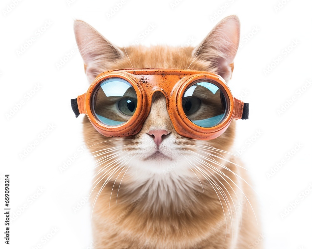 The cat in the colorful hat and sunglasses is isolated over the white background. The cat in the colorful hat and sunglasses is isolated over the white background.