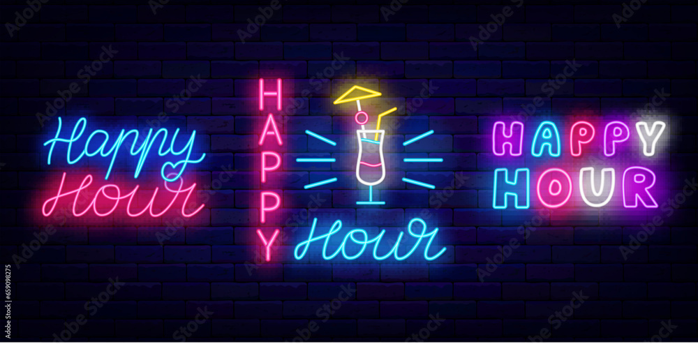 Happy hour badges collection. Cocktail symbols. Special offer and discount. Bar and cafe label. Vector illustration