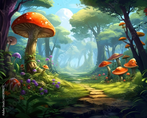 An animated forest scene with mushrooms.