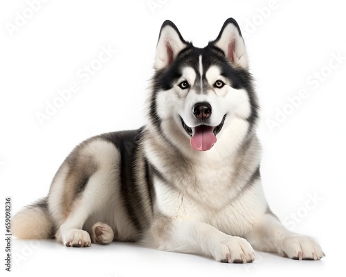 The Alaskan Malamute breed dog is isolated on a white background.
