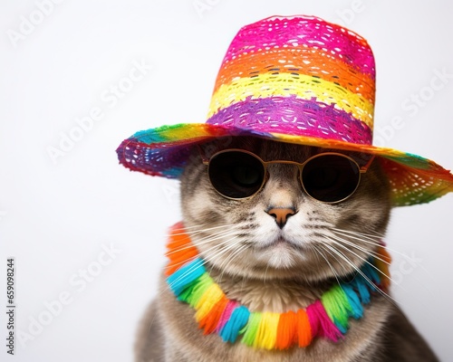 The cat in the colorful hat and sunglasses is isolated over the white background.