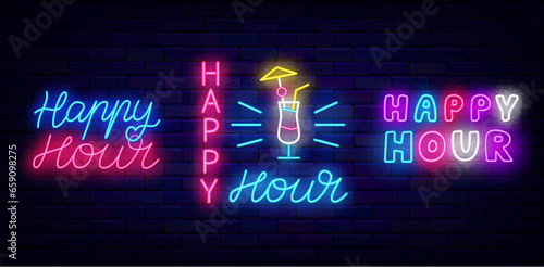 Happy hour badges collection. Cocktail symbols. Special offer and discount. Bar and cafe label. Vector illustration