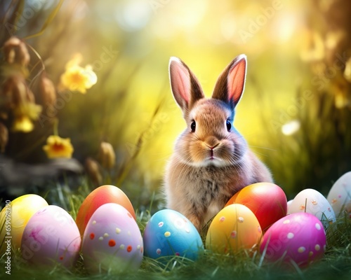 an easter bunny with colorful easter eggs.