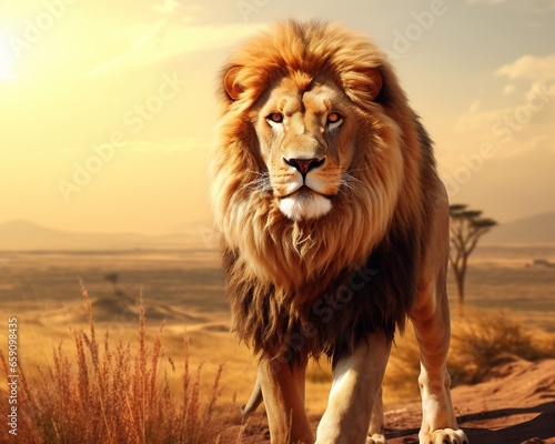 The lion in the savana has a beautiful mane and is in a realistic style. © Nipon