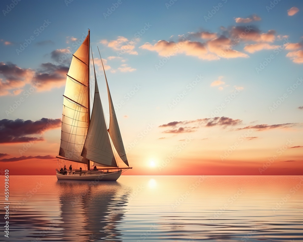 large luxury slboat floats on the horizon of a calm sea.