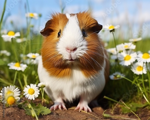 red-brown guinea pig sits on a field.