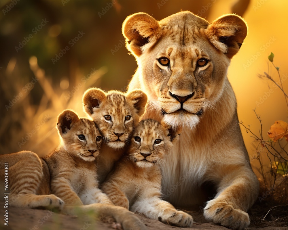 Fototapeta premium stunning image of a lioness with her adorablecubs.