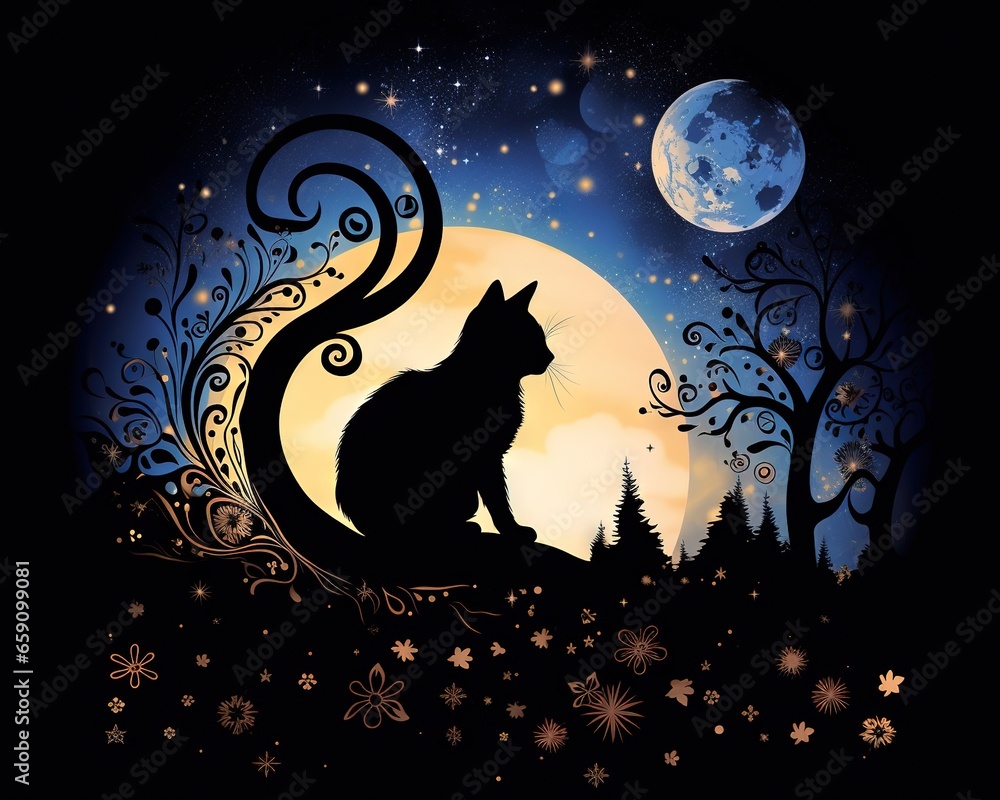 cat sits on a crescent moon with stars.