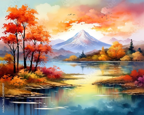 colorful landscape in watercolor with trees and hills.