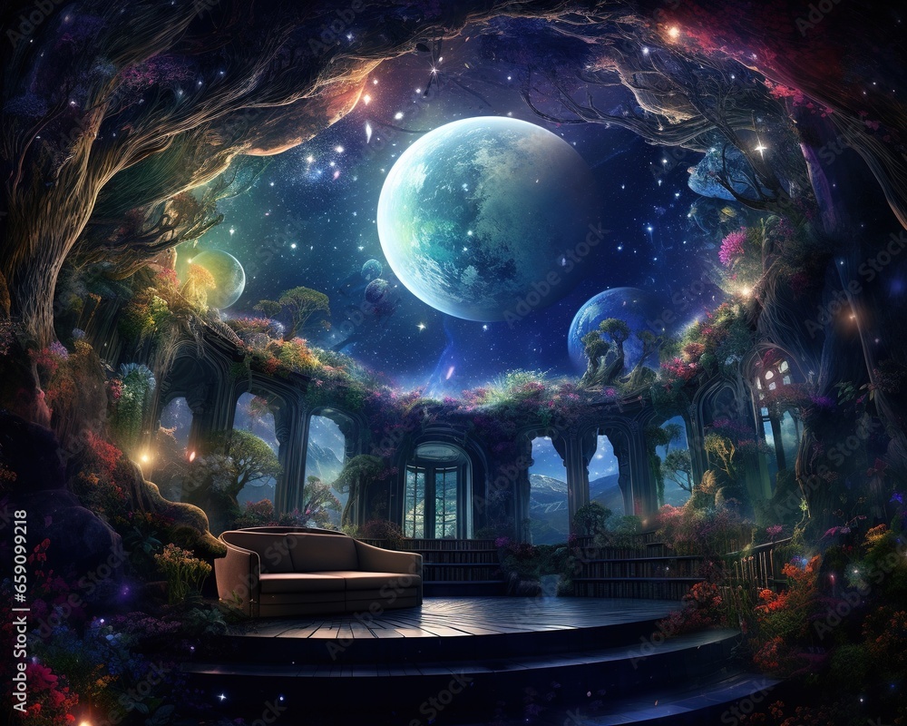 Fototapeta premium fantasy room with crescent moon and a way behind it.